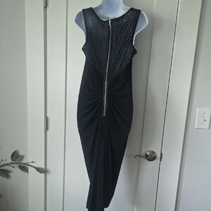 NEW Maggy London Black Sheath Midi Dress with Stunning Lace & Zipper Down Back